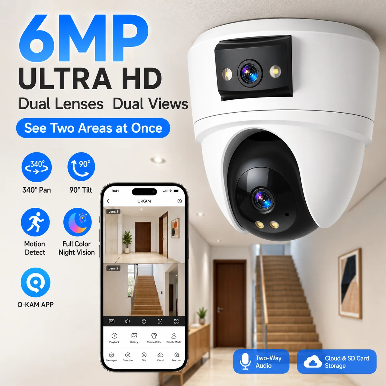 AUBERON Turret PTZ WiFi Camera 6MP O-KAM Smart  APP Outdoor Motion Security Camera 355 Pan Tilt Night Vision Two Way Audio Alert