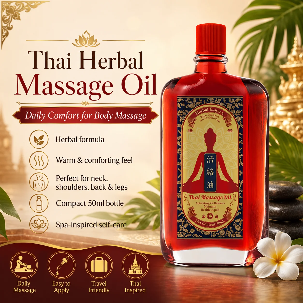 50ml Thai Herbal Massage Oil 50ml Natural Relaxing Body Oil for Neck, Shoulders, Back & Legs Daily Use Home Travel