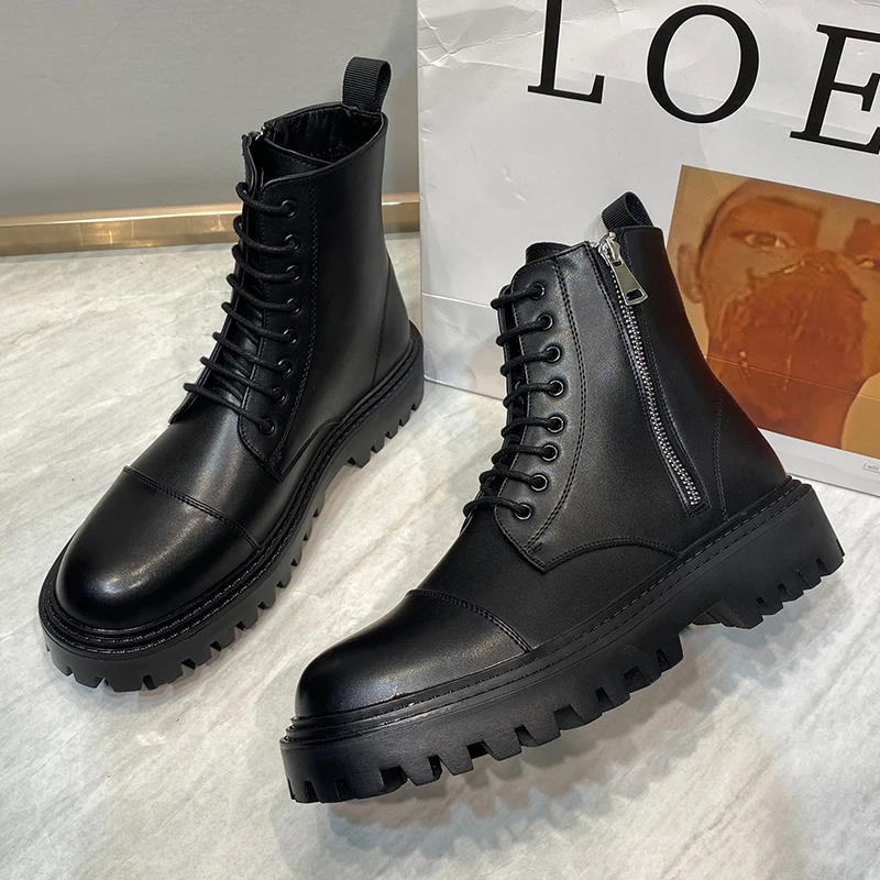 

Autumn Winter High Top Men's Black Boots Lace-Up Round Toe Leisure All-match Men's Casual Leather Shoes Non-slip Trend Rubber