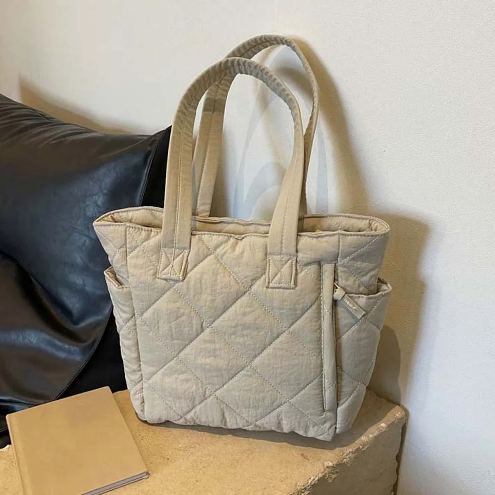 حقيبة حمل قطنية مبطنة ذات سعة كبيرة، حقيبة كتف Lingge ناعمة بلون سادة، حقيبة تخزين سميكة، حقيبة يد للتنقل يوميًا #3