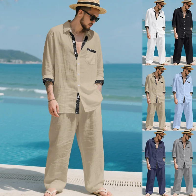 

Summer Men's Casual Striped Shirt And Trousers Suit Two-Piece Set with Cardigan - New Style Collar for Fashionable Outfits