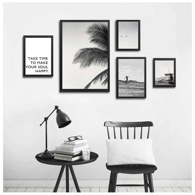 Gallery Wall Art Prints Black and White Palm Tree Surf Ocean Landscape Inspiring Posters and Print Wall Decor for Living Room