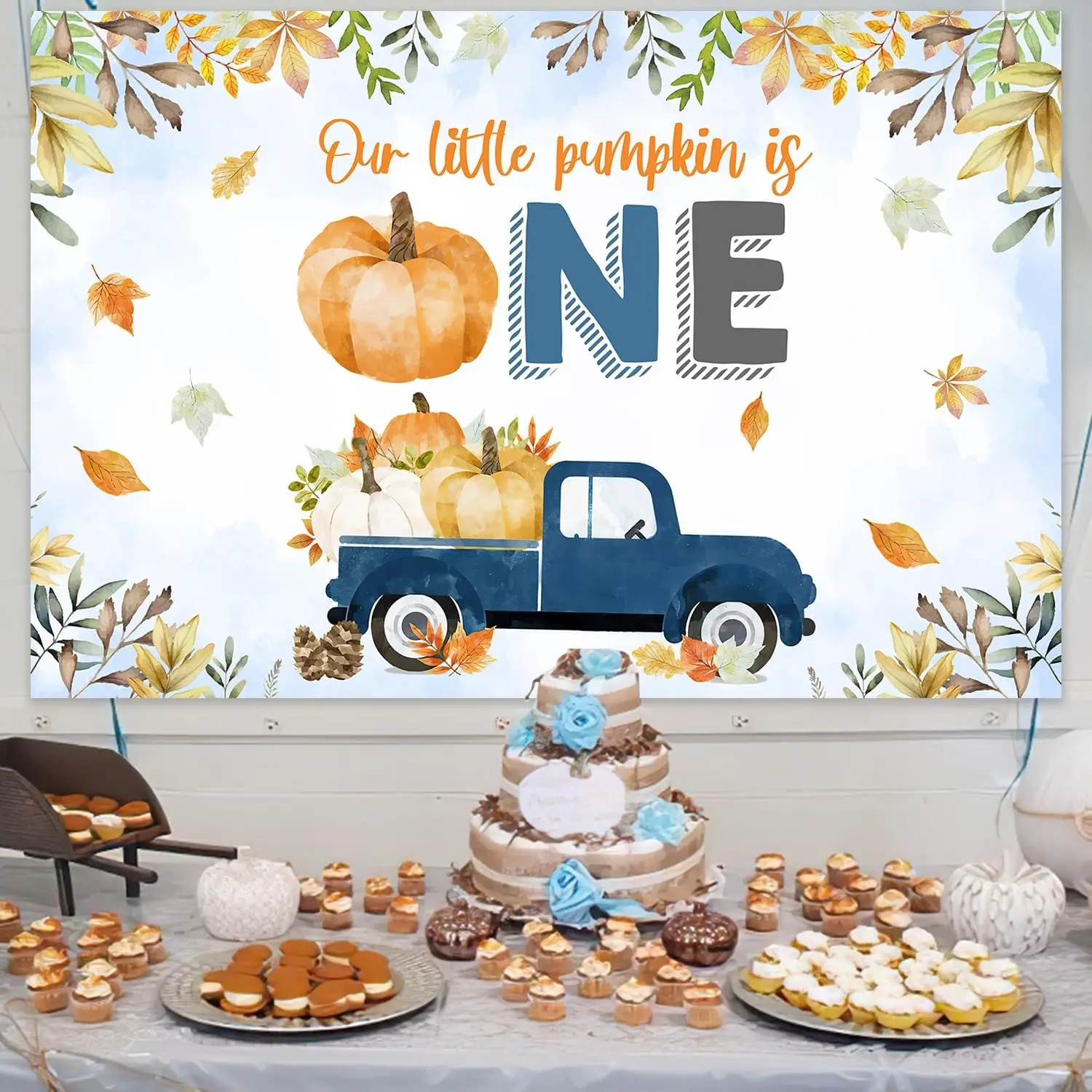 Cheereveal 5x3ft اليقطين شاحنة 1st عيد ميلاد خلفية الأزرق لدينا اليقطين الصغير هو واحد التصوير الدعائم الخريف الخريف لوازم الحفلات #4