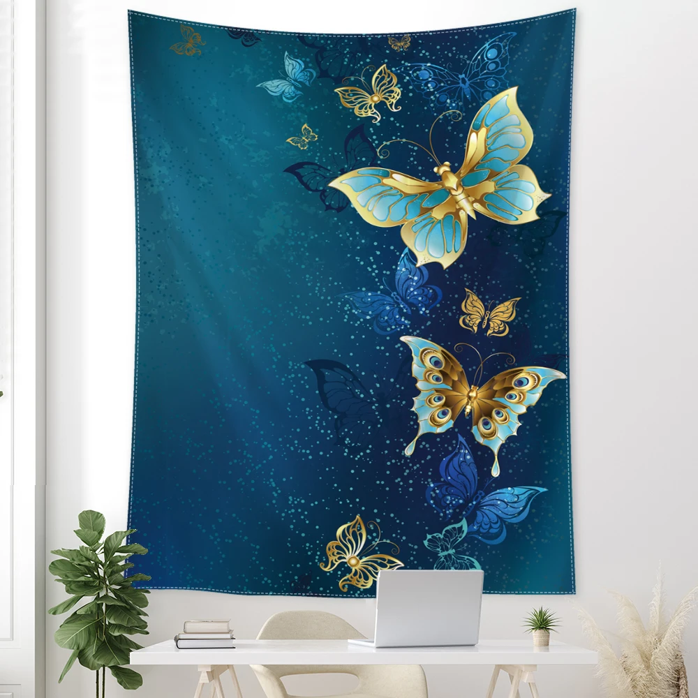 Blue green butterfly printed tapestry, retro style, suitable for wall decoration in bedrooms, study rooms, and living rooms