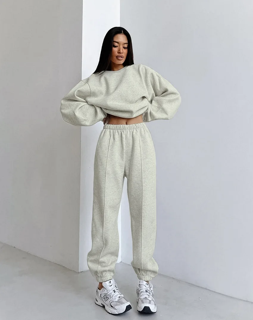 

Plush Sports Suit Gray Daily Casual 2024 Autumn/Winter Loose Fitting Fashion Simple High-End Hoodies And Pants For Women