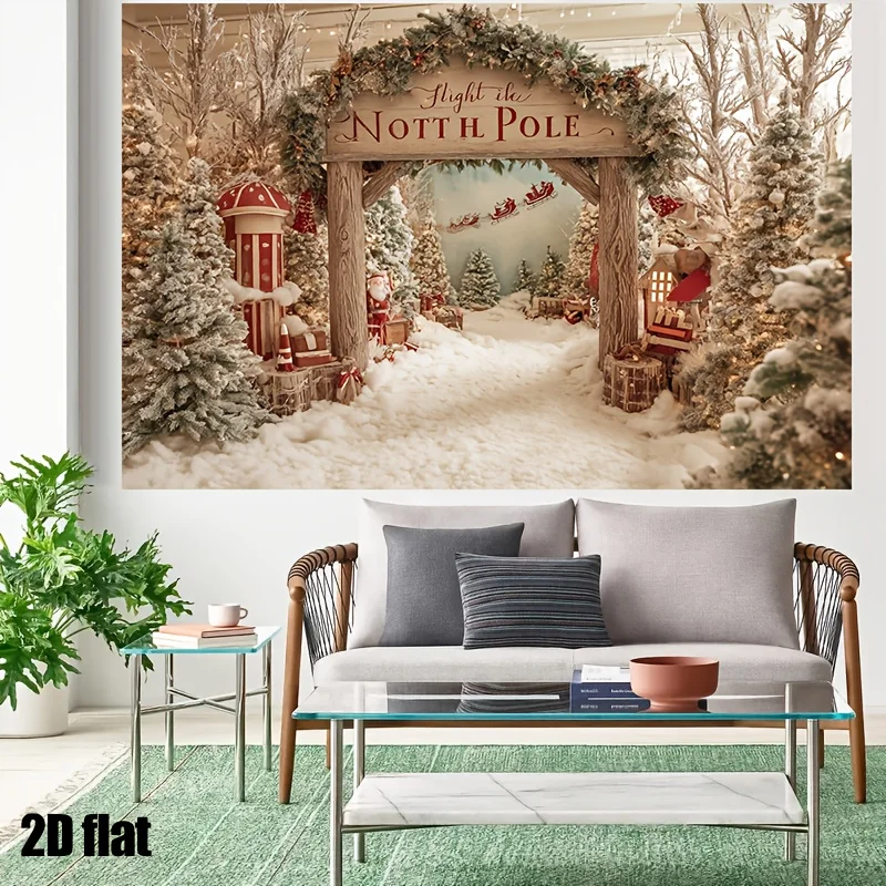 2D flat 1pc winter Wonderland Christmas Arctic Village scene polyester background fabric, Christmas decoration view 4