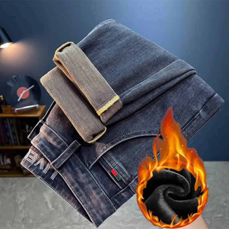 Winter Hot Sale Men Classic Business Casual Jeans Male Thickened Warm Straight Denim Pants Comfortable Daily Commute Trousers