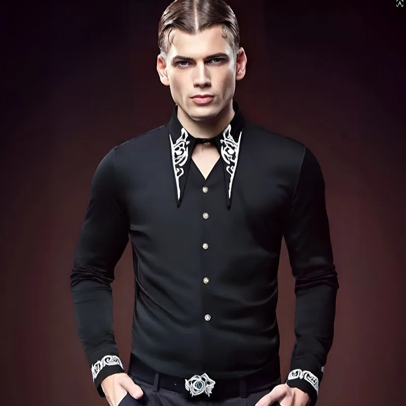 

Мужская приталенная рубашка с вышивкой, контрастным воротником и манжетами, длинный рукав, на пуговицах, для вечеринок и выпускных балов