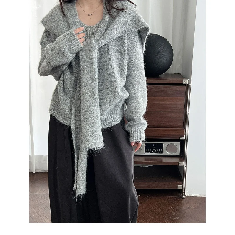 CHAXIAOA женский новый осенне-зимний ленивый шикарный свитер с шалью, комплект из двух предметов, свободный трикотаж с длинными рукавами