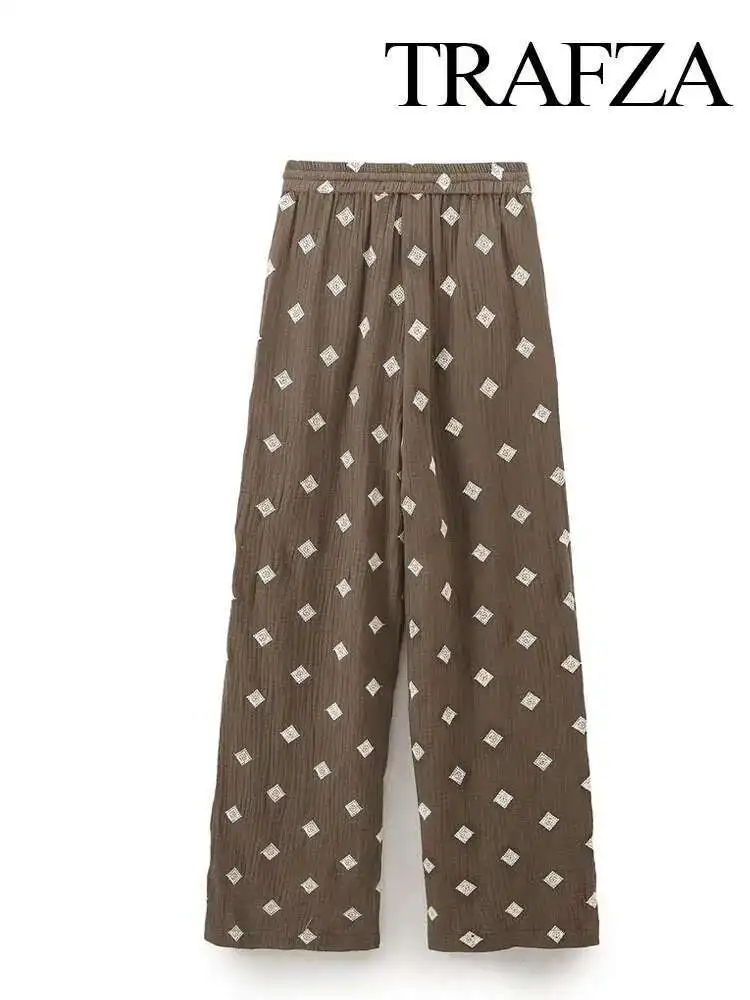 

New Women Summer Fashion Print High Waist Drawstring Straight Embroidered Trousers Female Chic Pocket Ankle Length Long Pant