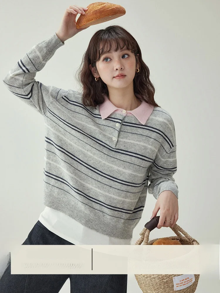 

AMUU North Island Women's Long Sve Wool Sweater Loose Fit Turn-down Collar Color Blo Sle Autumn Winter New Faion Top