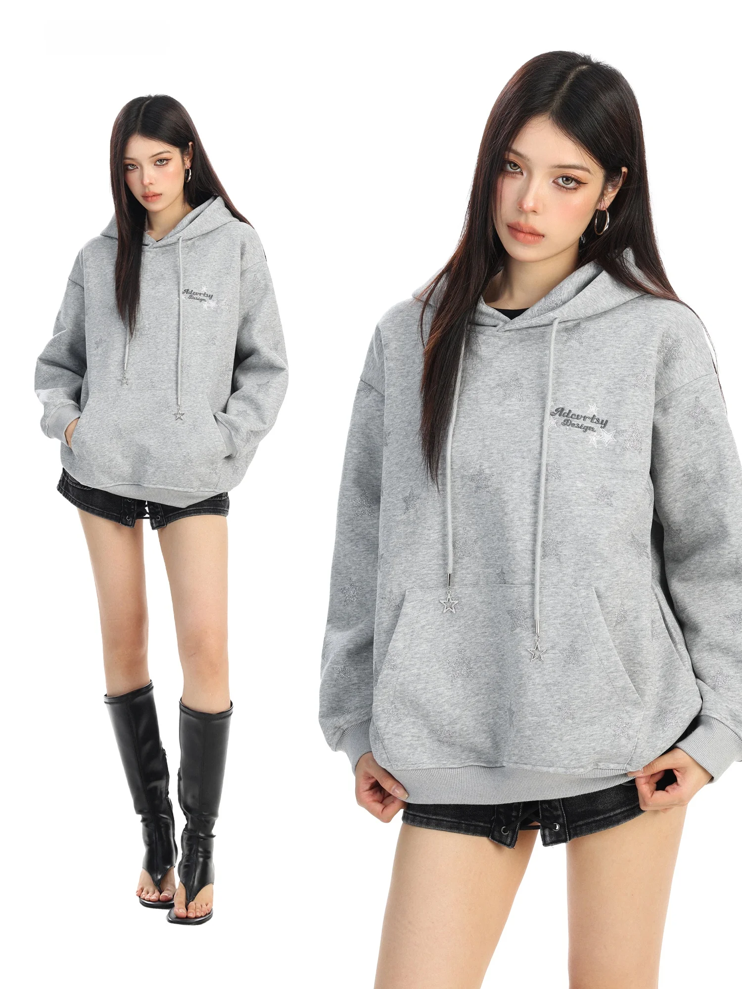 

Loose Women's Hoodie Spring Casual Style Printed Star Couple's Sweatshirt Comfortable Long Sleeve Cotton Inner Liner Hoodie
