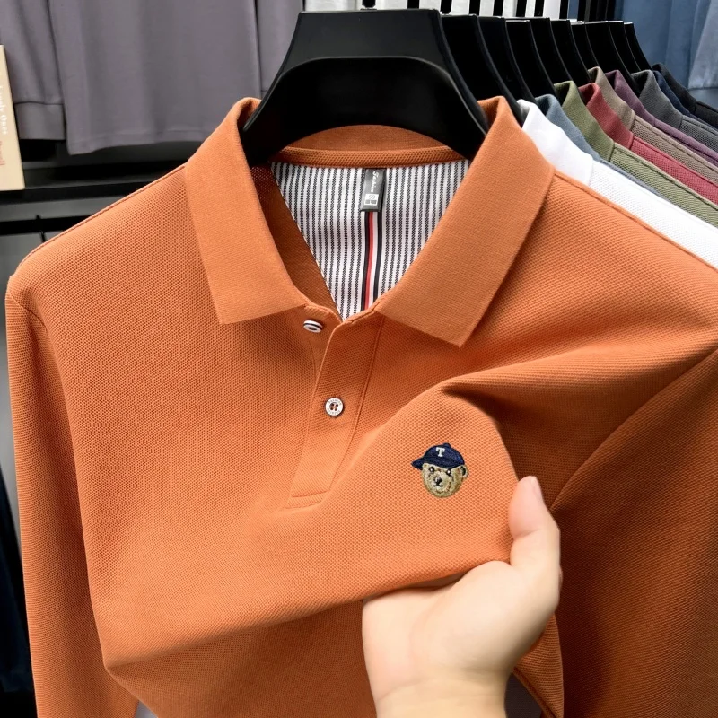 

Высокое качество 100% Хлопок мужские длинными рукавами Polo рубашки Осенний новый пункт модный бренд Медвежья вышивка роскошная Удобный отдых футболка