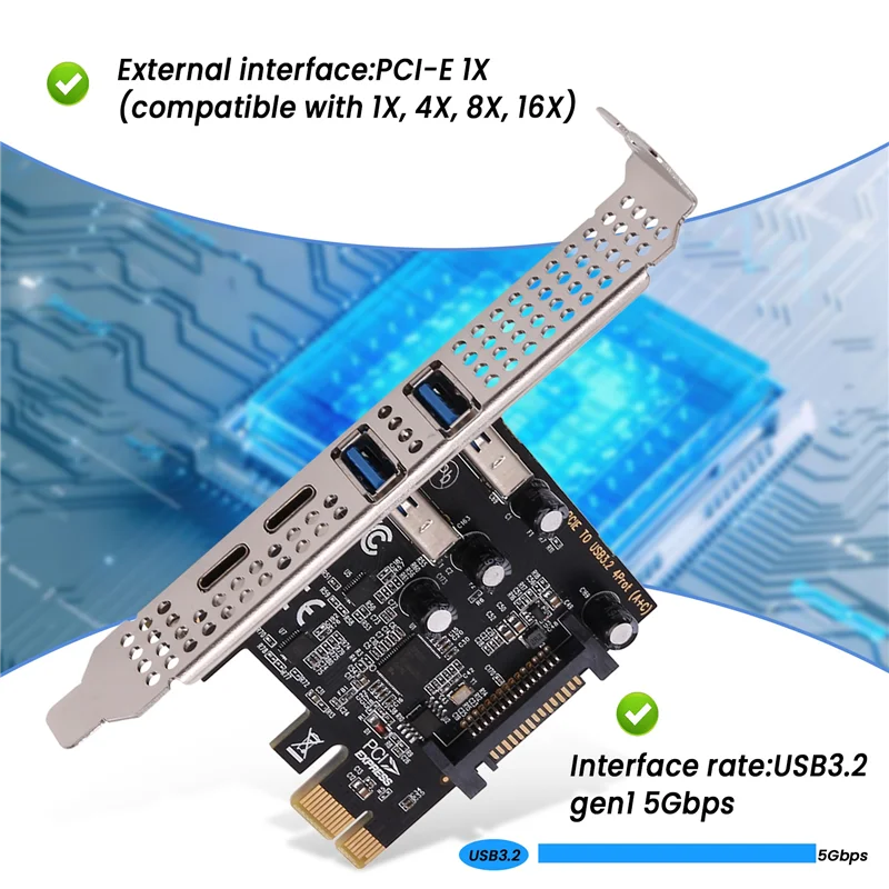 Карта расширения Exquisite-PCI Карта PCIE 4-портовая (тип C + A) Карта расширения USB 3.2 Высокоскоростной концентратор 5 Гбит/с без драйверов для настольных компьютеров