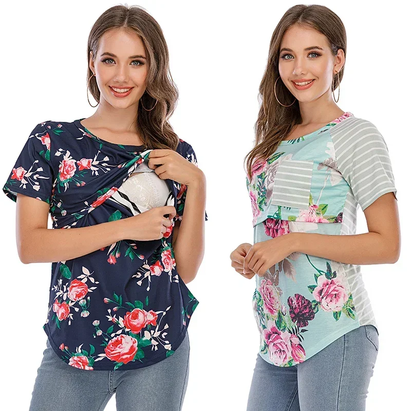 

New Casual Womens Pregnant Maternity Clothes Nursing Tops Breastfeeding T-Shirt Pregnancy Striped Short Sleeve Shirt