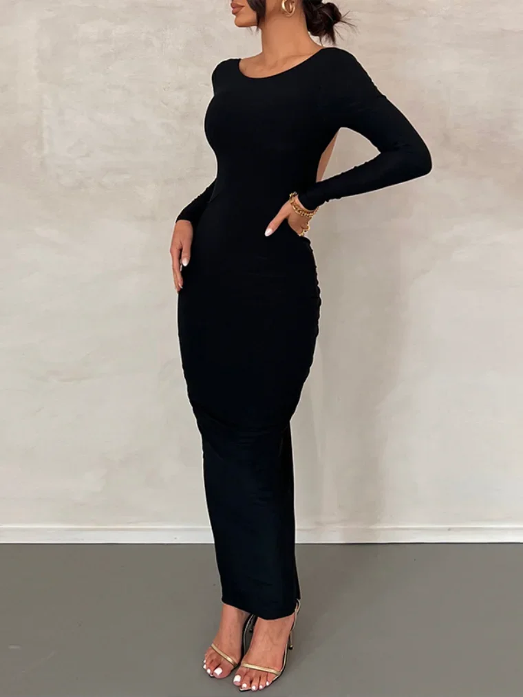 Fashion Elegant Backless Long Sleeve Prom Dress Streetwear Y2K 2024 Autumn Women's Bodycon Wedding Party Evening Black Dresses