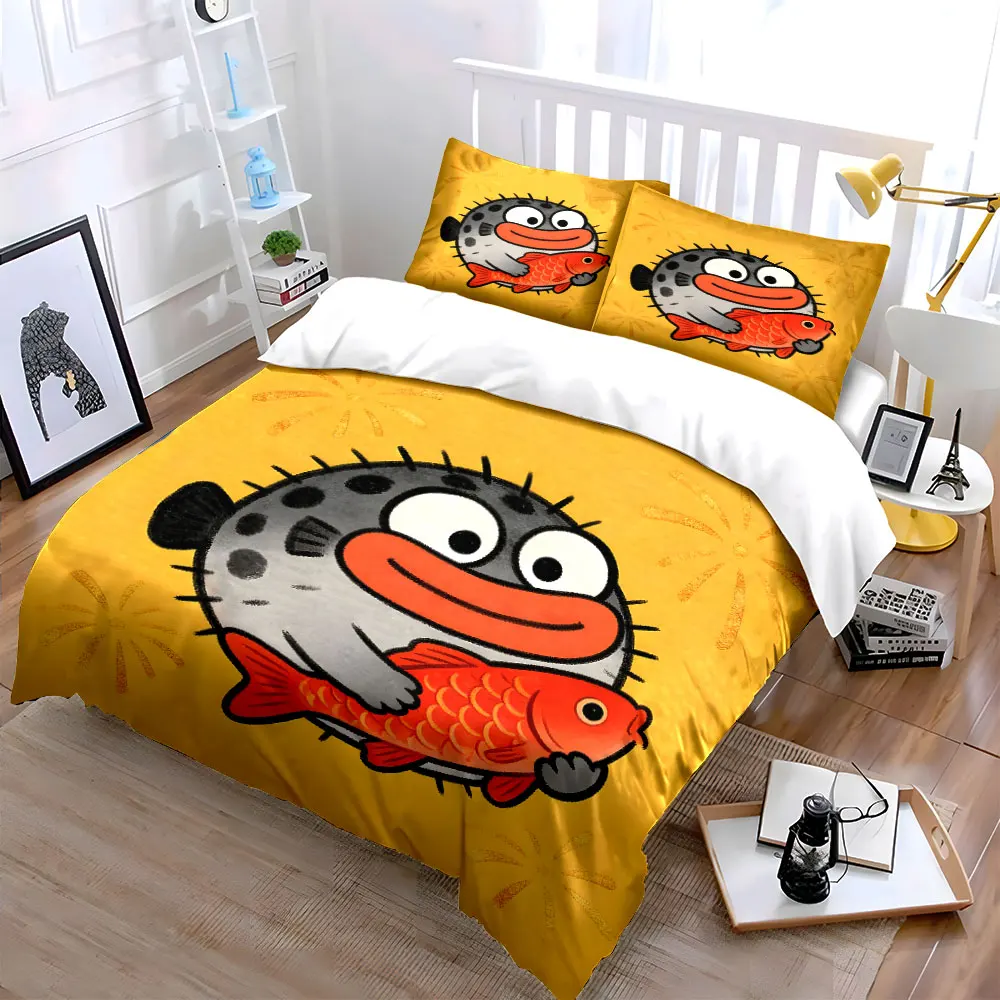 Pufferfish Hugging Red Fish Celebration Bedding Set for Kids Luxury Gift 3pcs Digital Print Comforter Set Soft Comfortable