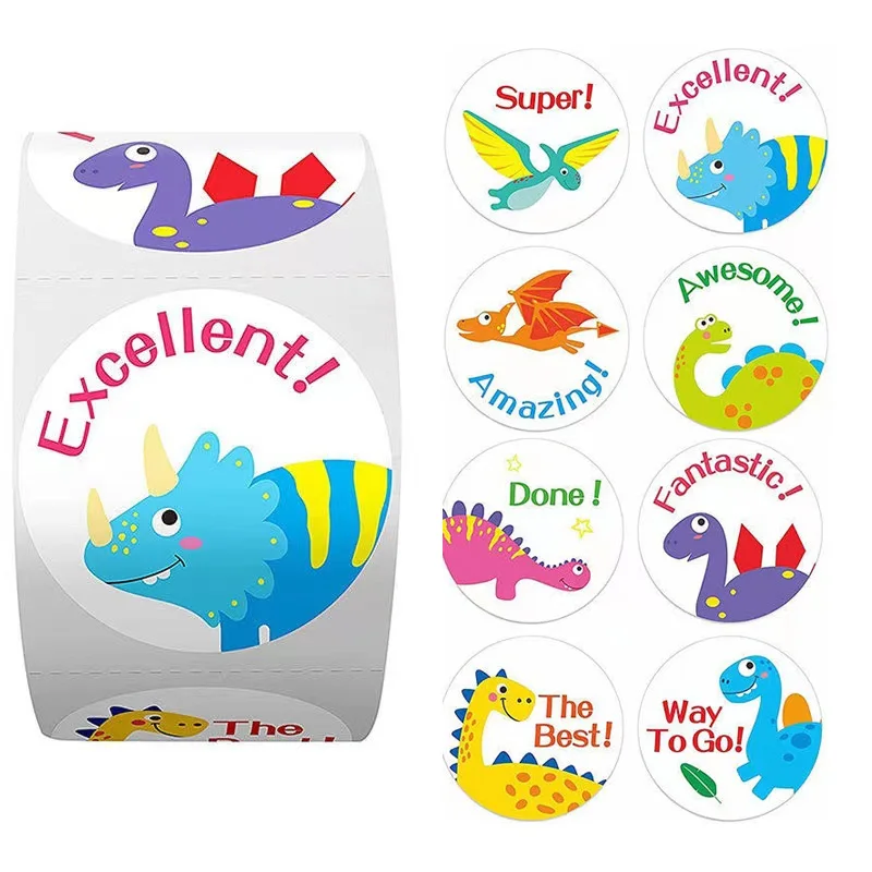 100-500pcs Cute Dinosaur Pattern Reward Encouragement Sticker Roll for Kids Motivational Stickers with Cute Animals for Students