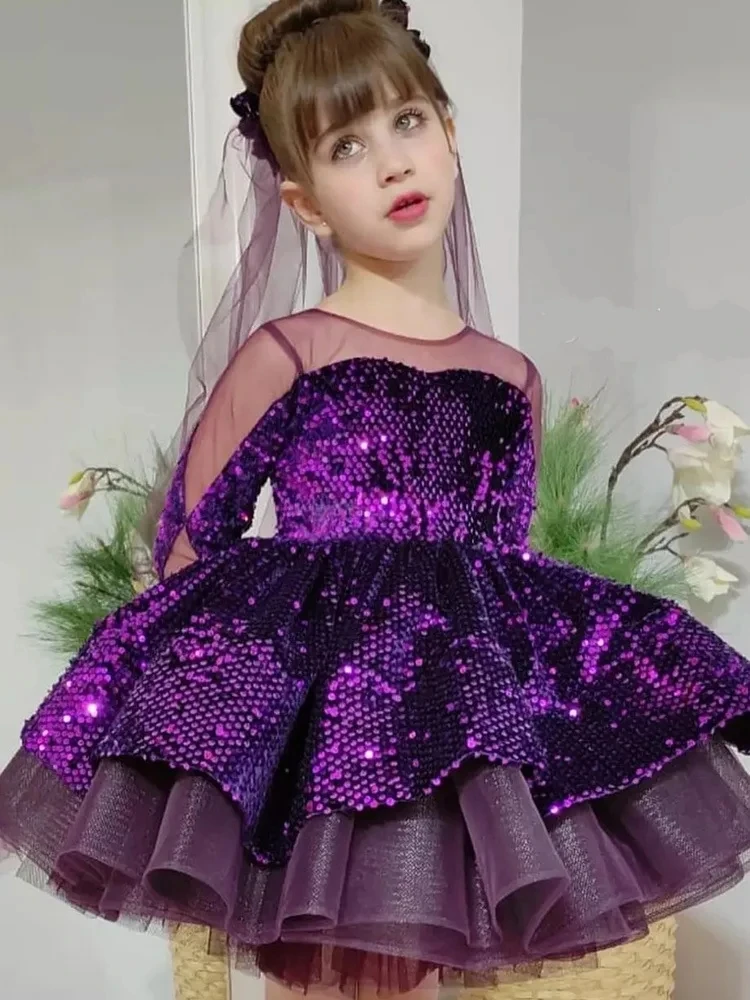 New Children Clothing Baby Girl Puffy Gauze Dresses Birthday Elegant Princess Prom Dress for Kids Sequin Long Sleeve Ball Gown