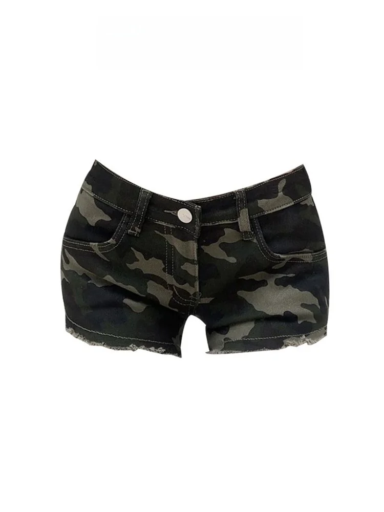 핫걸 카모플라주 프레이드 데님 반바지 여성 여름 로우 웨이스트 스트레이트 레그 레트로 타이트 다용도 트렌디 길이 청바지