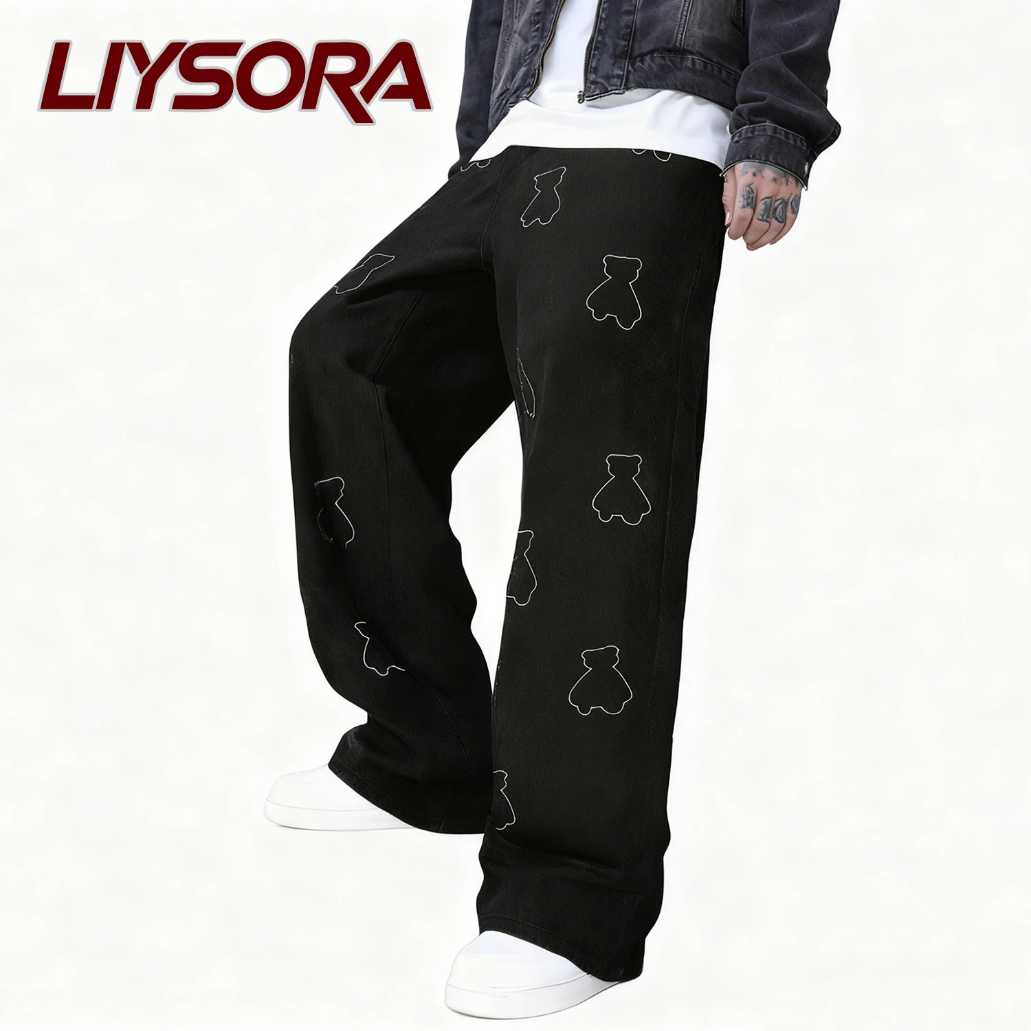

Men's Black Baggy Straight Leg Jeans Autumn Retro Basic Style Teddy Bear Embroidered Denim Pants Men's Design High Street Jeans