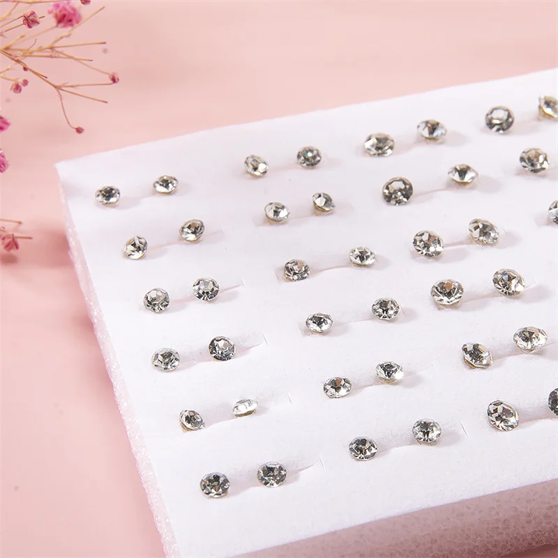 36Pair Mixed Size White Color Crystal Stud Earrings Set Women Girls Small Plastic Geometric Rhinestone Earrings Set Jewelry Gift