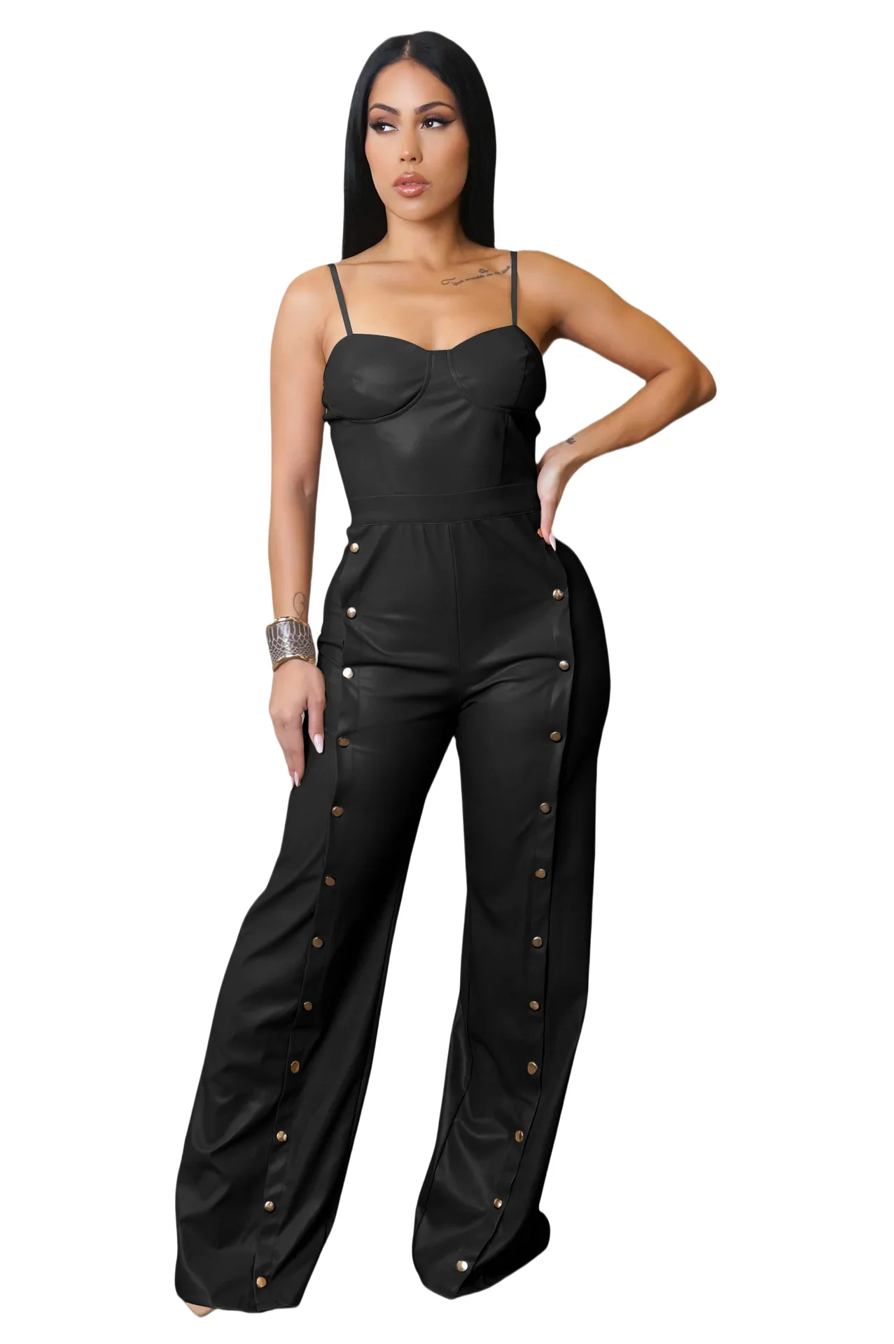 EINY Women's Sleeveless PU Leather Wide Leg Jumpsuit with Button Slim Fit Solid Color Loose Straight-Leg Party Romper for Women