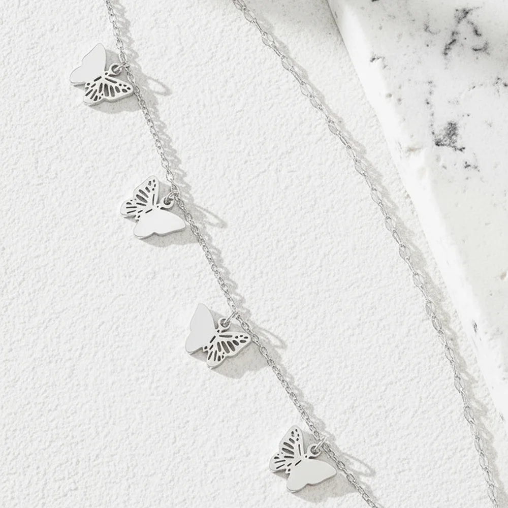 Stainless Steel New Hollowed-Out Butterfly Pendant Double-Layer Ankle Chain Women's Fashionable Minimalist Beach Ankle Jewellery