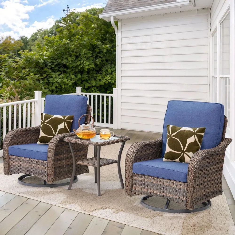 Swivel Rocker Patio Chairs, Rocker Swivel Patio Set 3 Piece with Side Table, Deep Seat Rattan Rocking Chair with Cushions