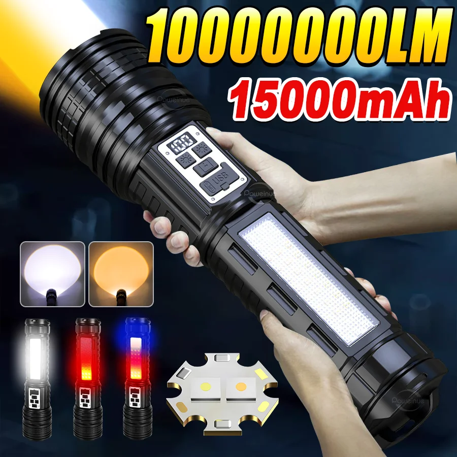 15000mAh Super Big Flashlight Rechargeable Most Strong LED Flash Light Long Range Torch Zoom Outdoor With Digital Power Display