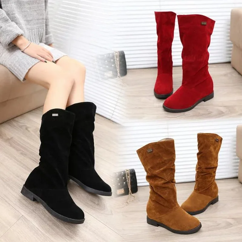 Pleated Boots Women Faux Suede Flock Mid-calf Boots 2025 Winter Fashion Slip on Square Low Heel Knight Booties Female Footwear