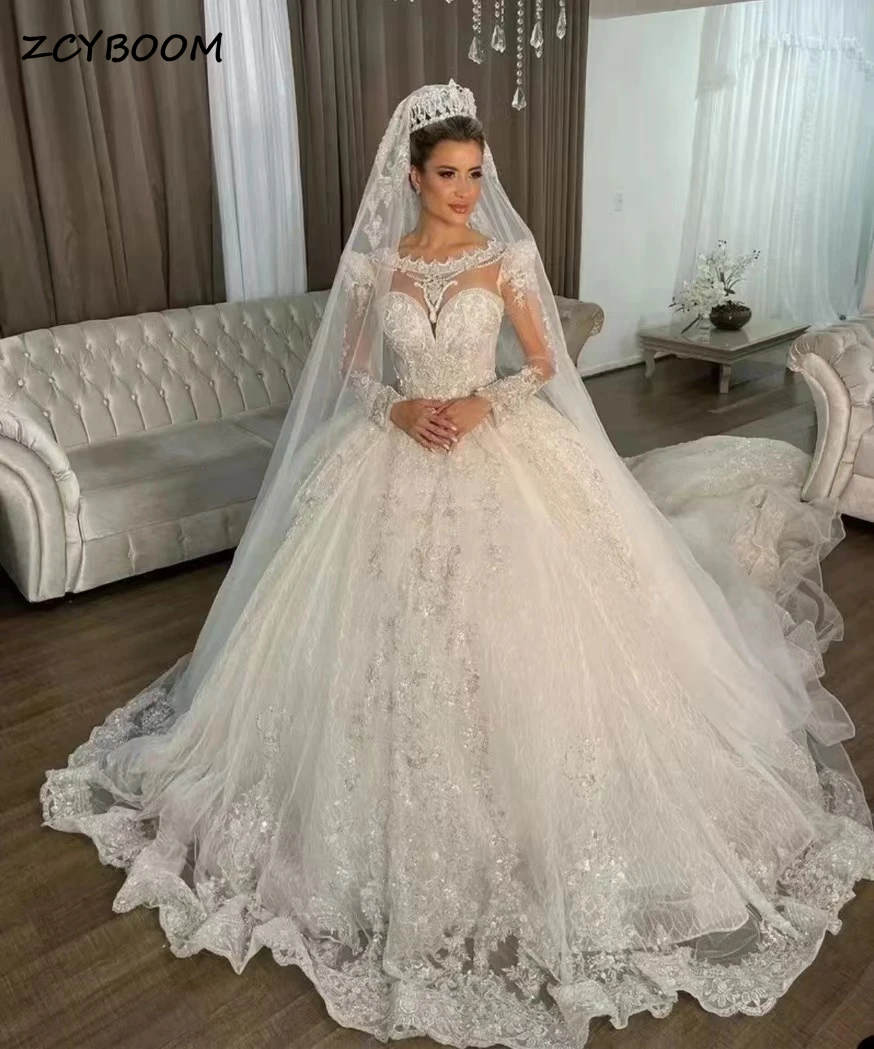 

Exquisite Lace Appliques Full sleeves O-Neck Sequined Wedding Dresses For Women 2024 Court Train Bridal Gowns Vestidos De Novia