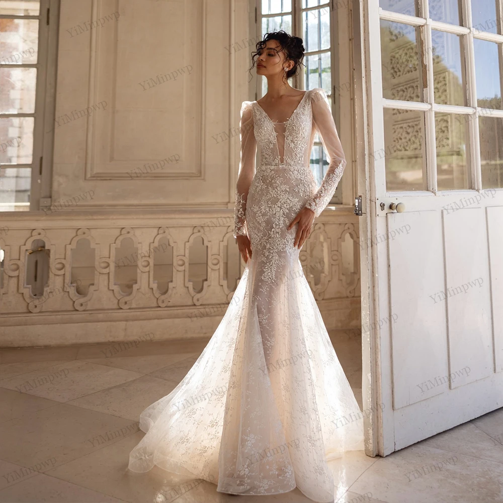 

Backless Mermaid Lace Wedding Dresses For Bride Long Sleeve Applique V-Neck Luxury Tulle vestidos de novia 2026 Customized