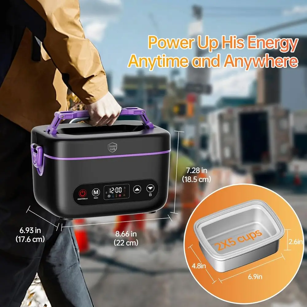 Cordless Electric Heated Lunch Box, 2025 Upgraded 5D Surround Heat Tech, 6x4000mAh Battery, 100W Heating, 220°F Max, 2x1.2L BPA-