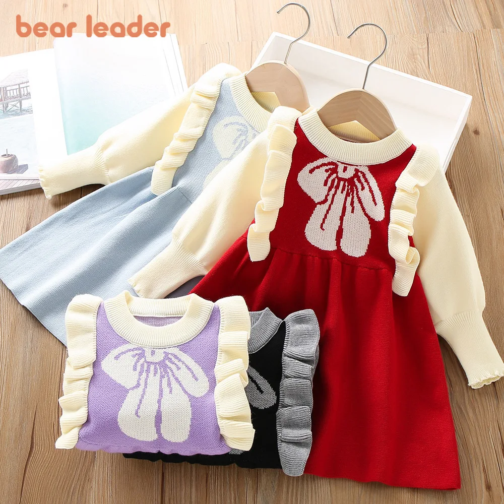 Bear Leader Girls Casual Dresses Bow Pattern Printed Fungus Edge Sweater Princess Dresses Winter Patchwork Children's Clothing