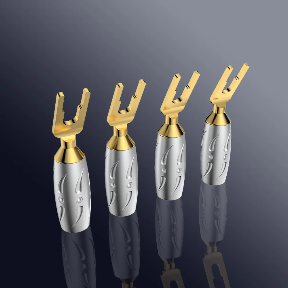 

HiFi 4pcs Viborg Audio High Performance Pure Red Copper Gold Plated Y Spade Fork Screw Locking Banana Plug Connector