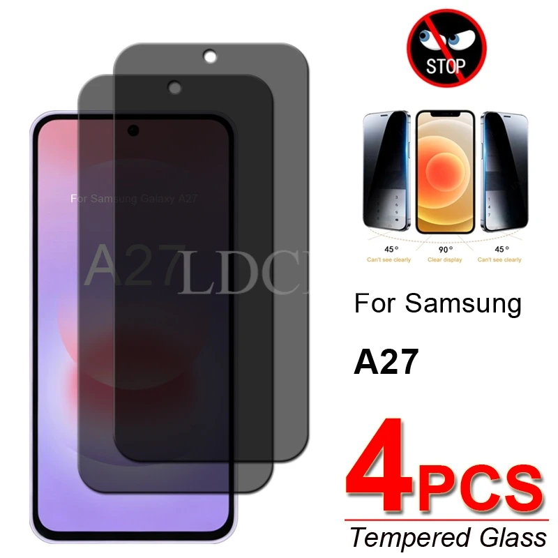 4Pcs Anti-Spy Glass Film For Samsung Galaxy A27 Glass Samsung A27 Privacy Screen Protector Film Galaxy A27 Tempered Glass