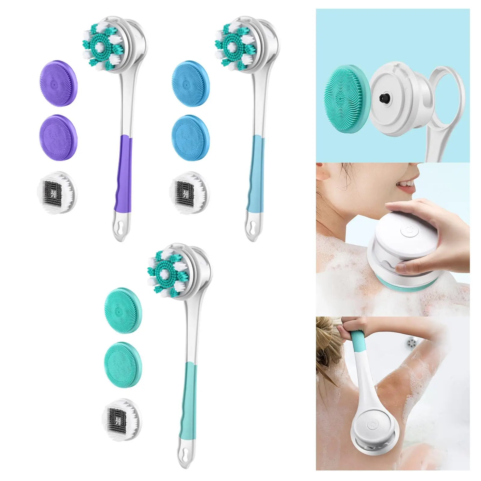 Electric Body Bath Brush with 4 Brush Heads Removable Long Handle Shower Brush for Showering Deep Cleansing Exfoliating Bathing