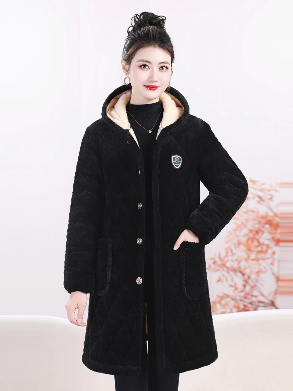 

Thiened Fce Mommy Coat Warm Workwear Long Hooded Cotton Jaet Winter Outerwear Comfortable Casual Sle Single Button