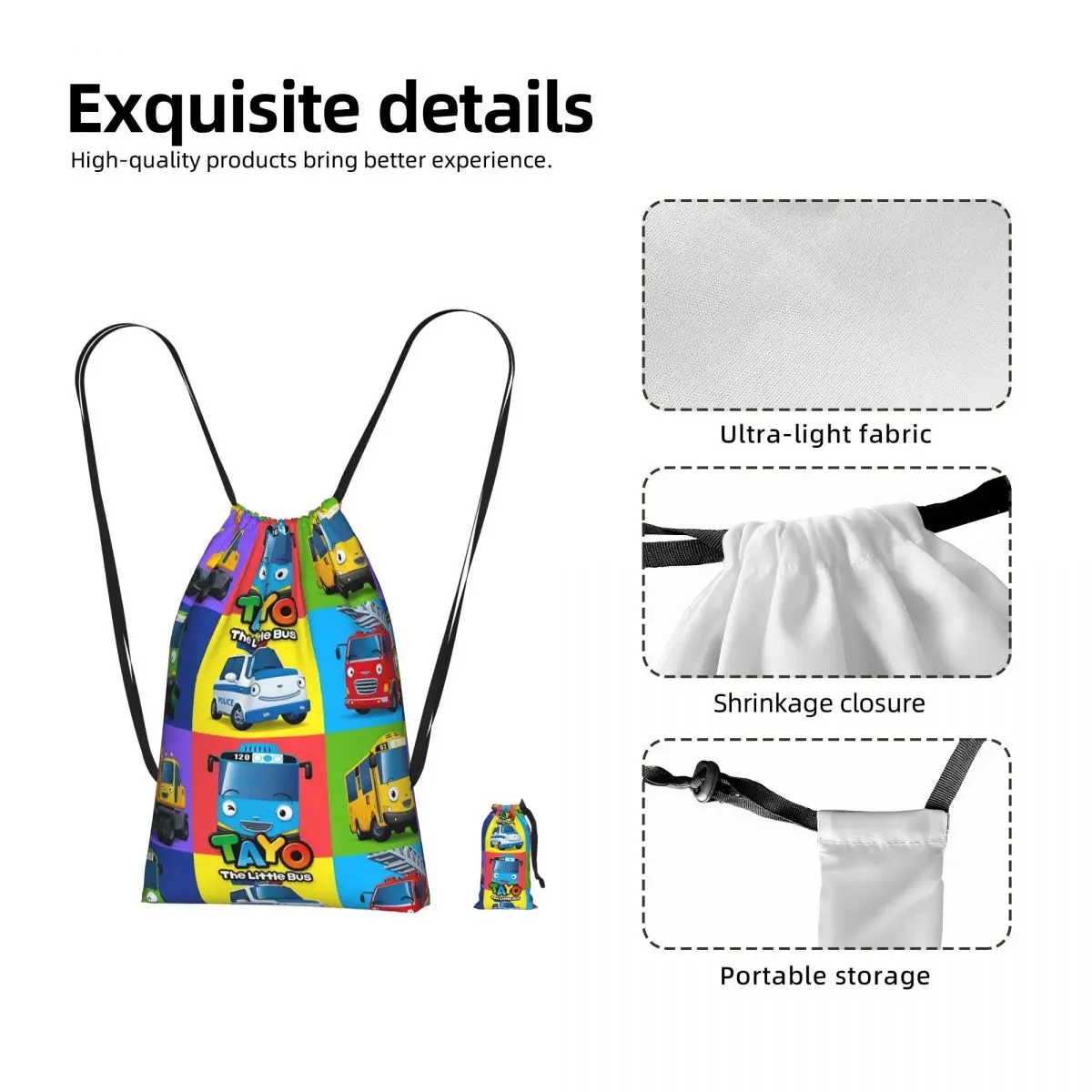 Tayo The Little Bus Drawstring Backpack Sports Gym Bag Portable Travel Drawstring Bag for Men Women