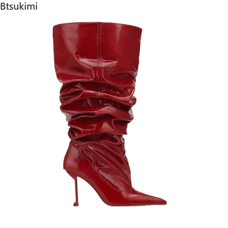 Women's Spring and Autumn Large Walled High Heels Knee High Pleated Boots Fashionable Pointed Sleeves Ladies Mid Length Boots