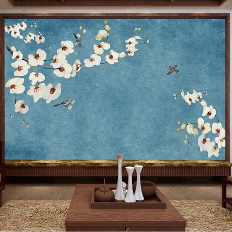 Modern simple and textured cold-toned meticulous flower-and-bird style Chinese-style TV luxurious home bedroom background paper