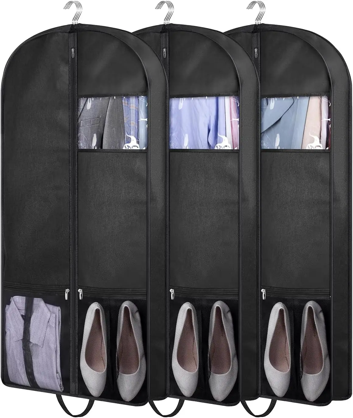 3-Pack Large Capacity Hanging Garment Bags for Closet Storage and Travel, Breathable Mesh with Handle, Black