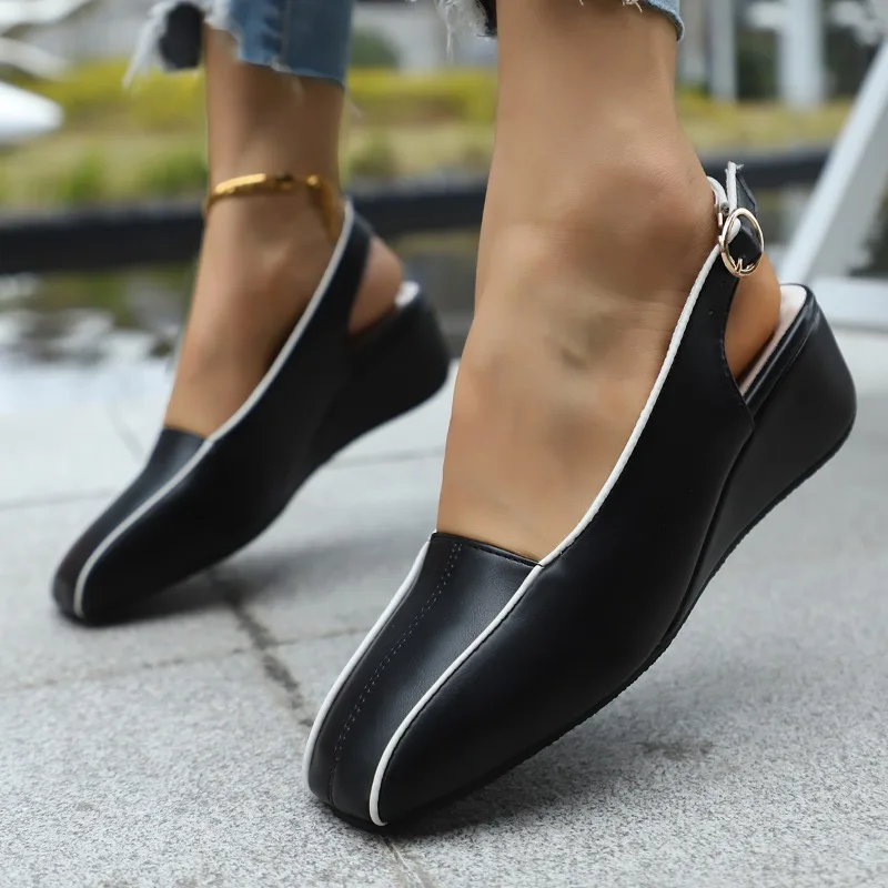 New High Quality Women's Low Cut Chunky Heel Square Toe Sandals Trendy Retro Slope Heel Sandals Mid Heels Women Casual Shoes