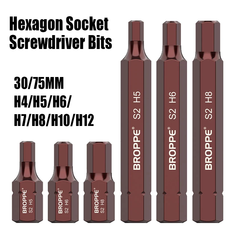 30/75MM H4/5/6/7/8/10/12 Hexagon Socket Screwdriver Bits Hex Shank Strong Magnetism Batch Head S2 High Hardness Bits Set Tools