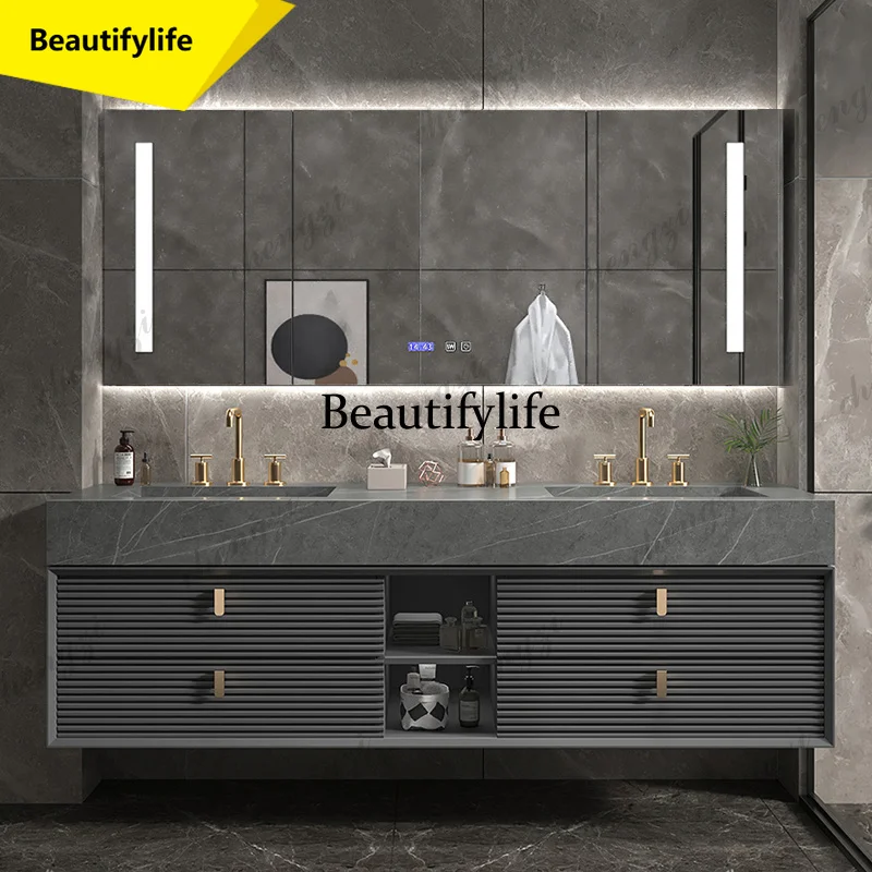 M02 Light Luxury Modern Slate Kit Bathroom Mirror Lamp Cabinet Sink Faucet One-piece Double Basin Oak Combination Solid Wood Was