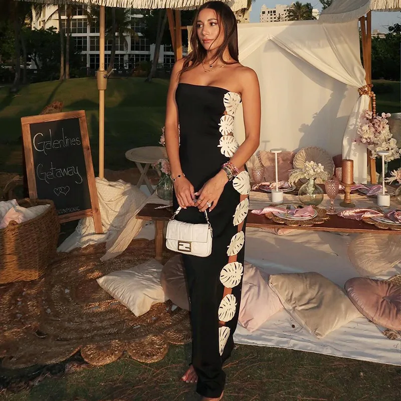 

Fashion 2025 Black And White Tube Top Swimsuit with Leaf Splicing Hollow Design One-piece Bathing Suit for Women