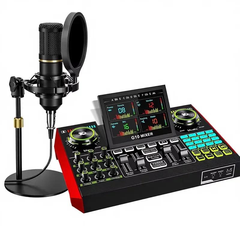 Podcast Microphone Bundle G10 MIXER USB 2 External Audio Mixer for PC/Youtube Live Streaming Singing Gaming Sound