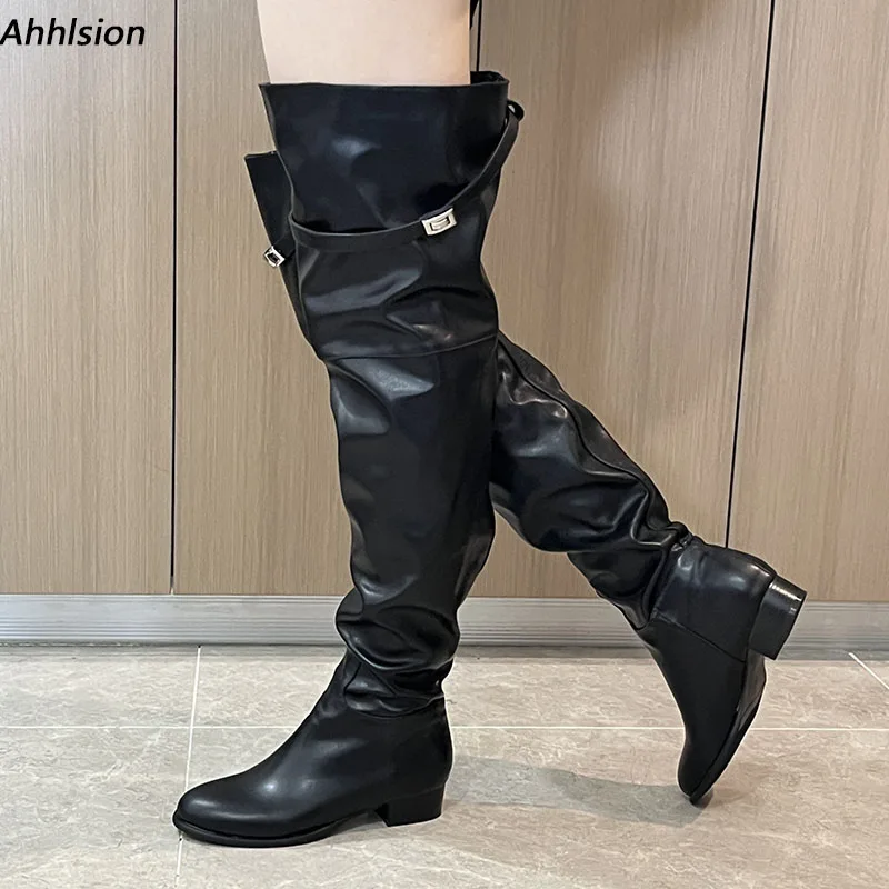 

Handmade Women Winter Over Knee Boots Slip On Flat With Heels Round Toe Black Banquet Shoes Ladies US Size 5-20