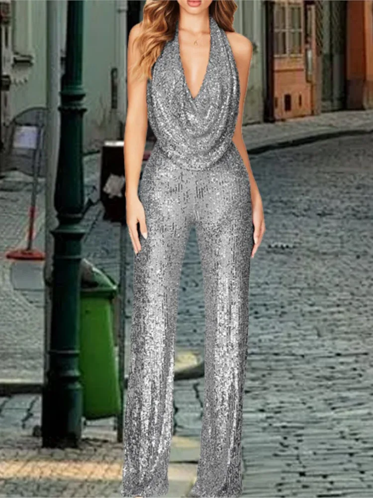 Seksowny kombinezon damski z cekinami, jednolity kolor, wiązany na szyi, głęboki dekolt w serek, szerokie nogawki, odkryte plecy, idealny na imprezę, do klubu nocnego, streetwear, romper.